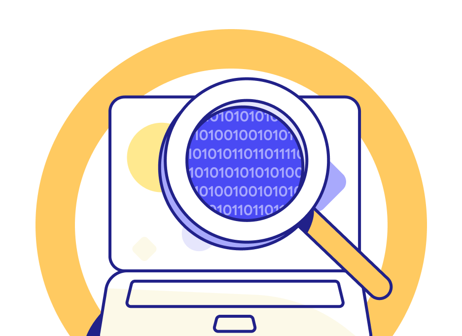 Laptop computer with magnifying glass exposing binary sequence 